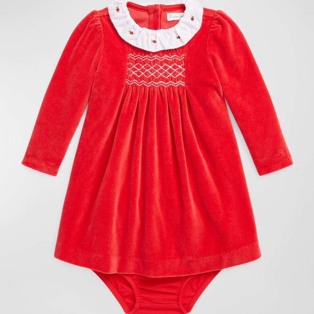 NWT Ralph Lauren Red Velour Embroidered Hand Smocked Dress & Bloomers Infant 3M